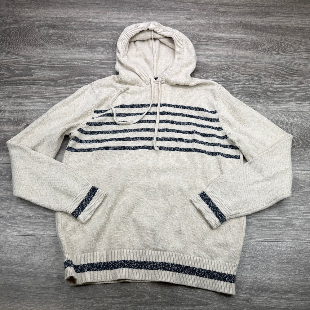 Banana Republic Hoodie Sweater Men Medium Cream Navy Stripe Cotton Knit Pullover